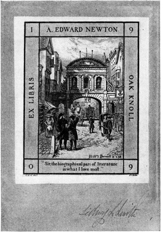 The book-plate illustrates an incident described in Boswell. Johnson and Goldsmith were walking one day in the Poets’ Corner of Westminster Abbey. Looking at the graves, Johnson solemnly repeated a line from a Latin poet, which might be freely translated, “Perchance some day our names will mingle with these.” As they strolled home through the Strand, Goldsmith’s eye lighted upon the heads of two traitors rotting on the spikes over Temple Bar. Remembering that Johnson and he were rather Jacobitic in sentiment, pointing to the heads and giving Johnson’s quotation a twist, Goldsmith remarked, “Perhaps some day our heads will mingle with those.”