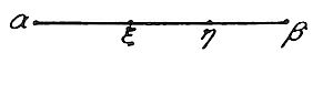 A simple line segment with four points marked along it, labeled from left to right as (alpha), (xi), (eta), and (beta), representing points on a continuous line in mathematical notation.