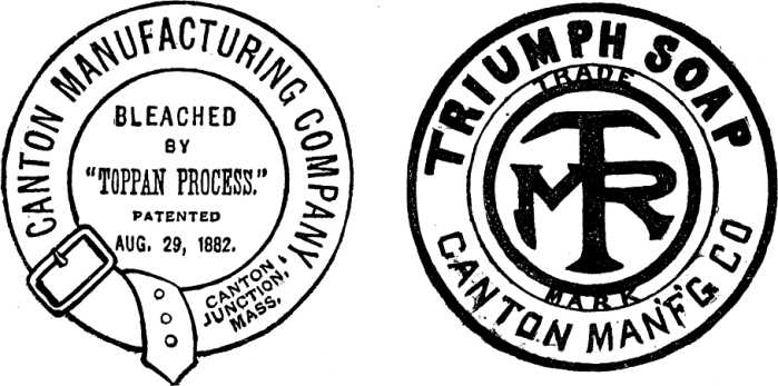 CANTON MANUFACTURING COMPANY, CANTON JUNCTION, MASS.   BLEACHED BY "TOPPAN PROCESS."   PATENTED AUG. 29, 1882    TRIUMPH SOAP   CANTON MAN'F'G CO   TRADEMARK