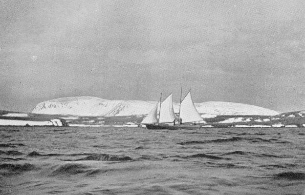 THE CENSUS IN THE ALEUTIAN ISLANDS. Enumerator on a schooner skirting the icy shores of the glacier-fed waters of the Behring Sea. (Courtesy of the Bureau of the Census.)