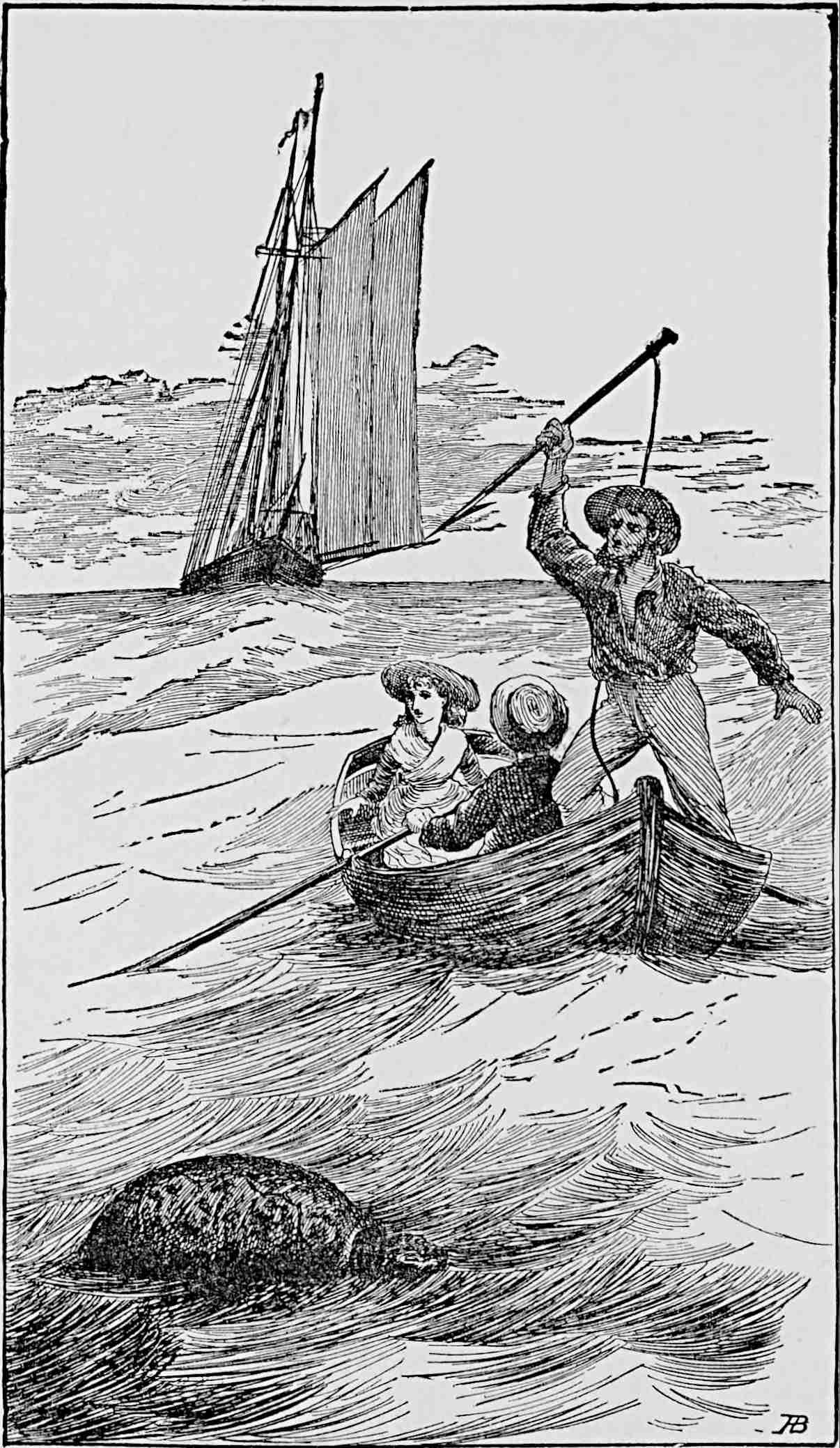 Large boat in background, with our three heroes in a rowboat in center, with a turtle in the bottom