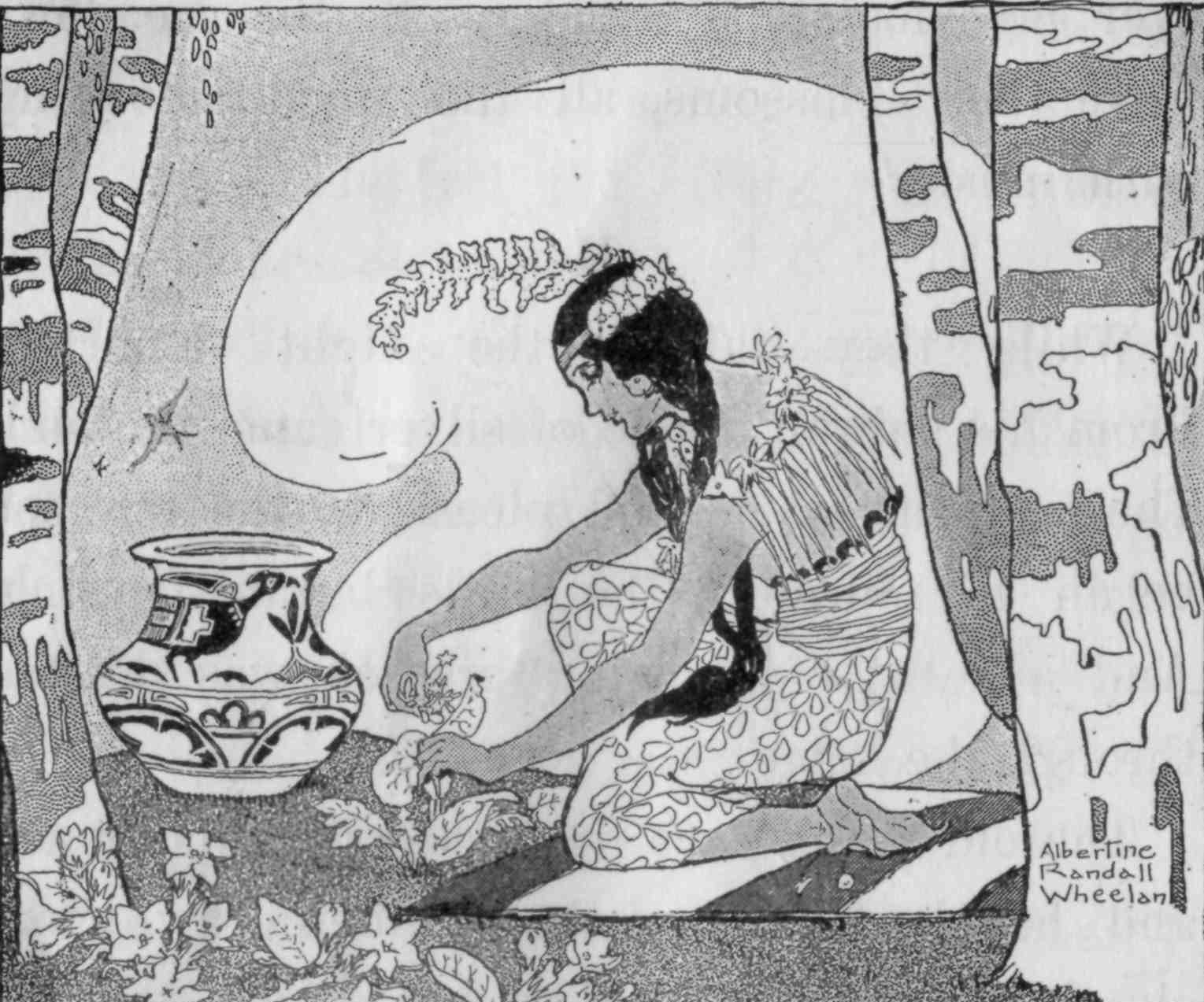 The maiden hides the flowers among the leaves