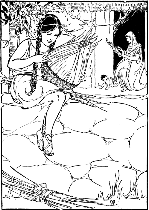 Marcia wove her basket, putting a band of red around the curve.Frontispiece. Illustration: Marcia wove her basket, putting a band of red around the curve