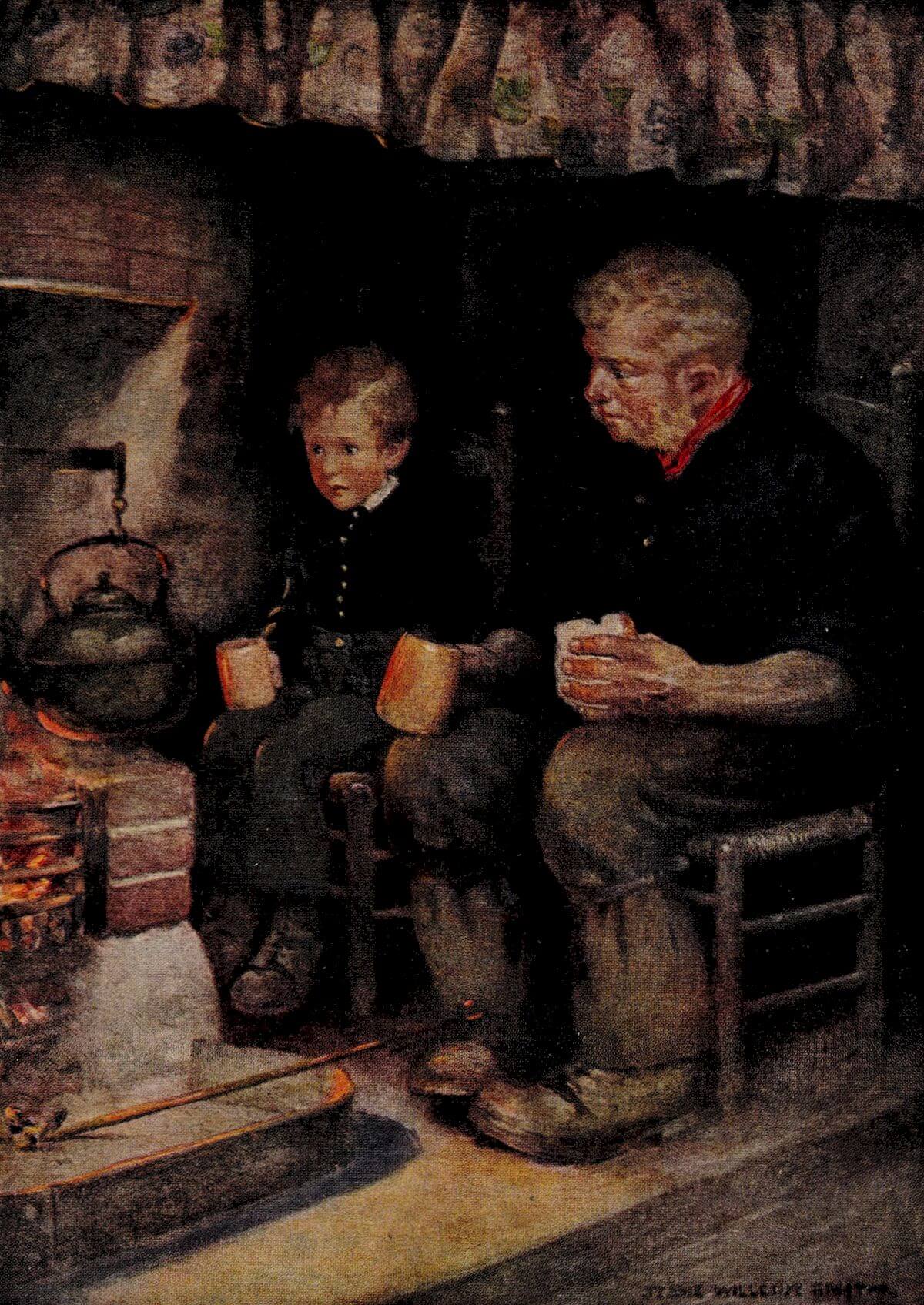 A cozy scene of an elderly man and a young boy sitting by a  hearth, each holding a mug, with a kettle hanging over the fire and warm  light casting gentle shadows across their faces.