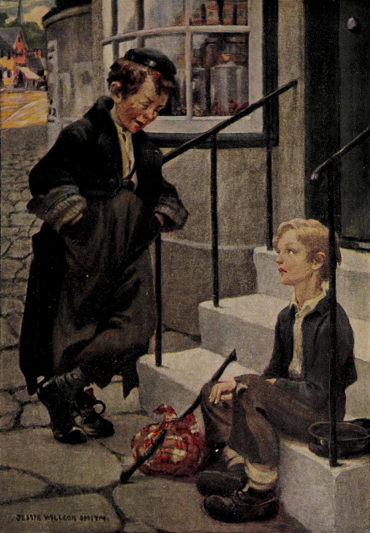 Two boys in worn clothes talk outside a shop—one standing,  the other sitting on stone steps with a bundle and walking stick beside  him.