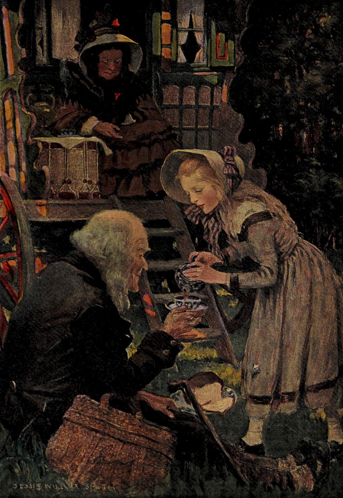 The image depicts a young girl in a bonnet pouring tea for an  elderly man with a kind expression. He sits on the grass with a basket  beside him.