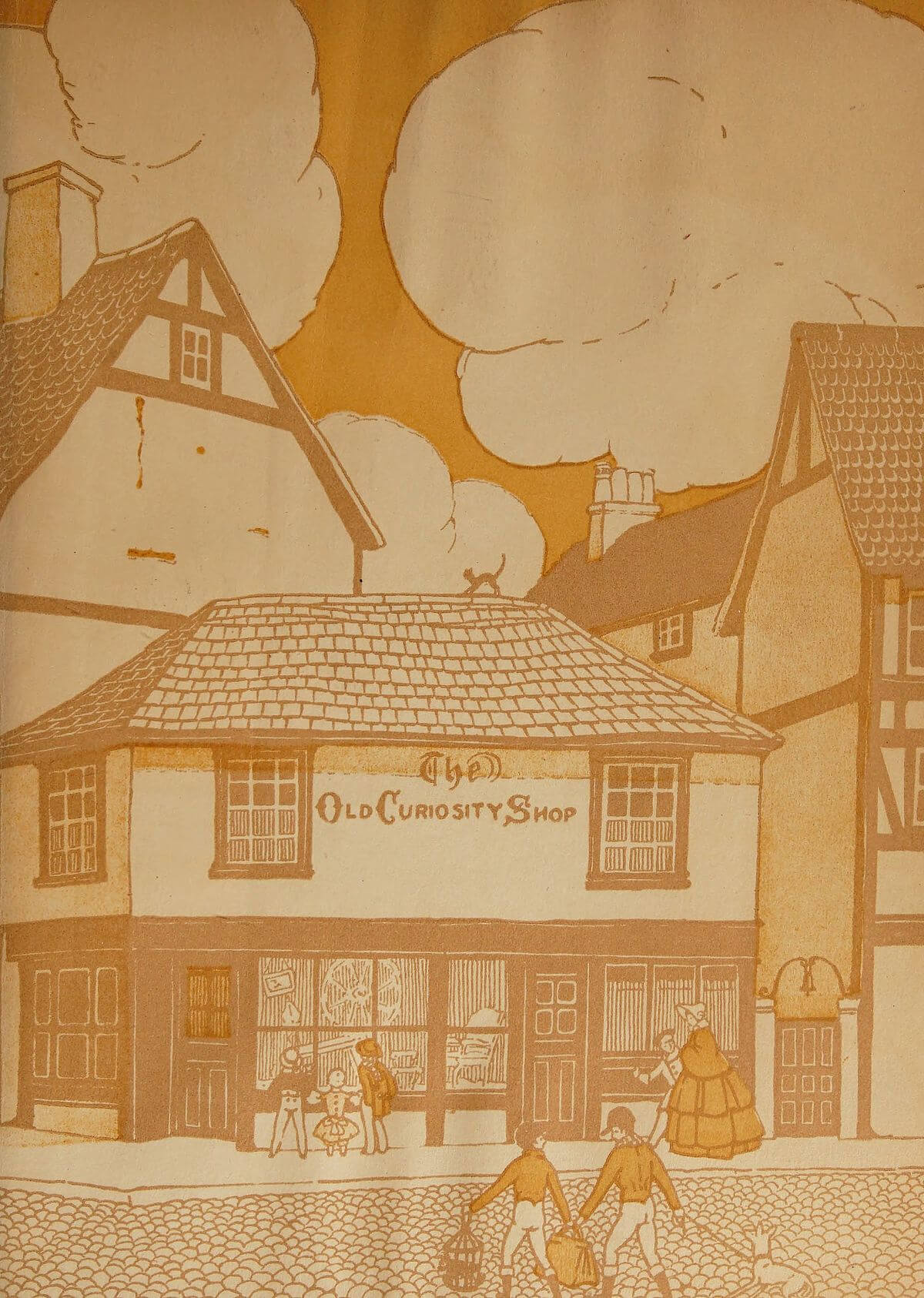 The image depicts The Old Curiosity Shop, a quaint,  half-timbered building with a tiled roof. People walk along the  cobblestone street, some carrying baskets.
