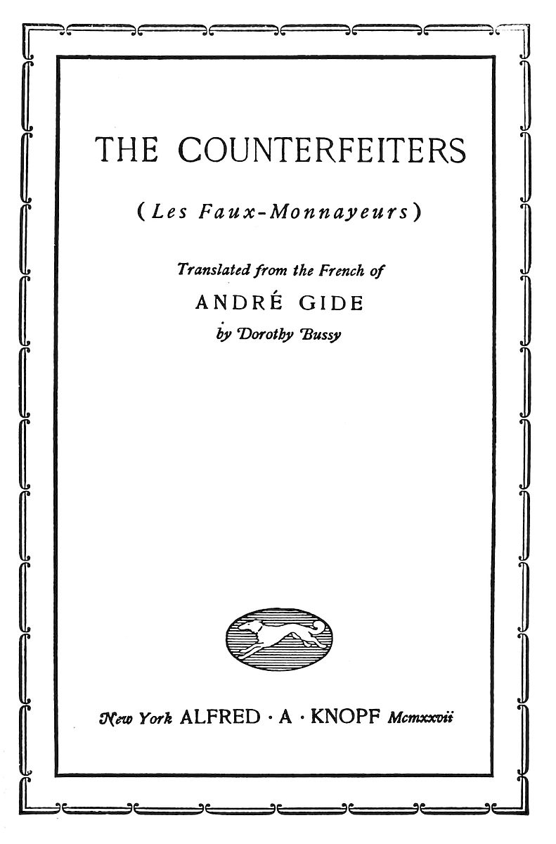 Title page of the book The Counterfeiters by André Gide.