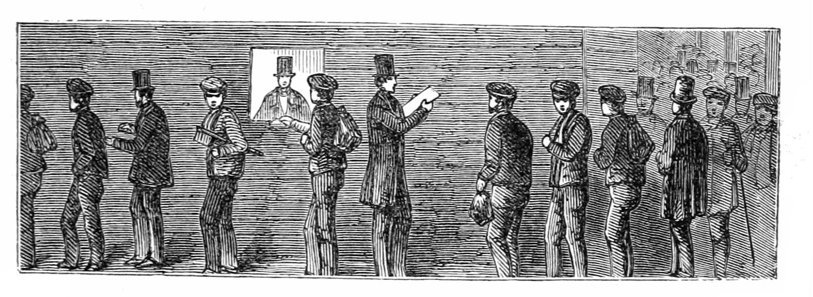 THE MEN TAKING THEIR WAGES AT THE     PAY-OFFICE.