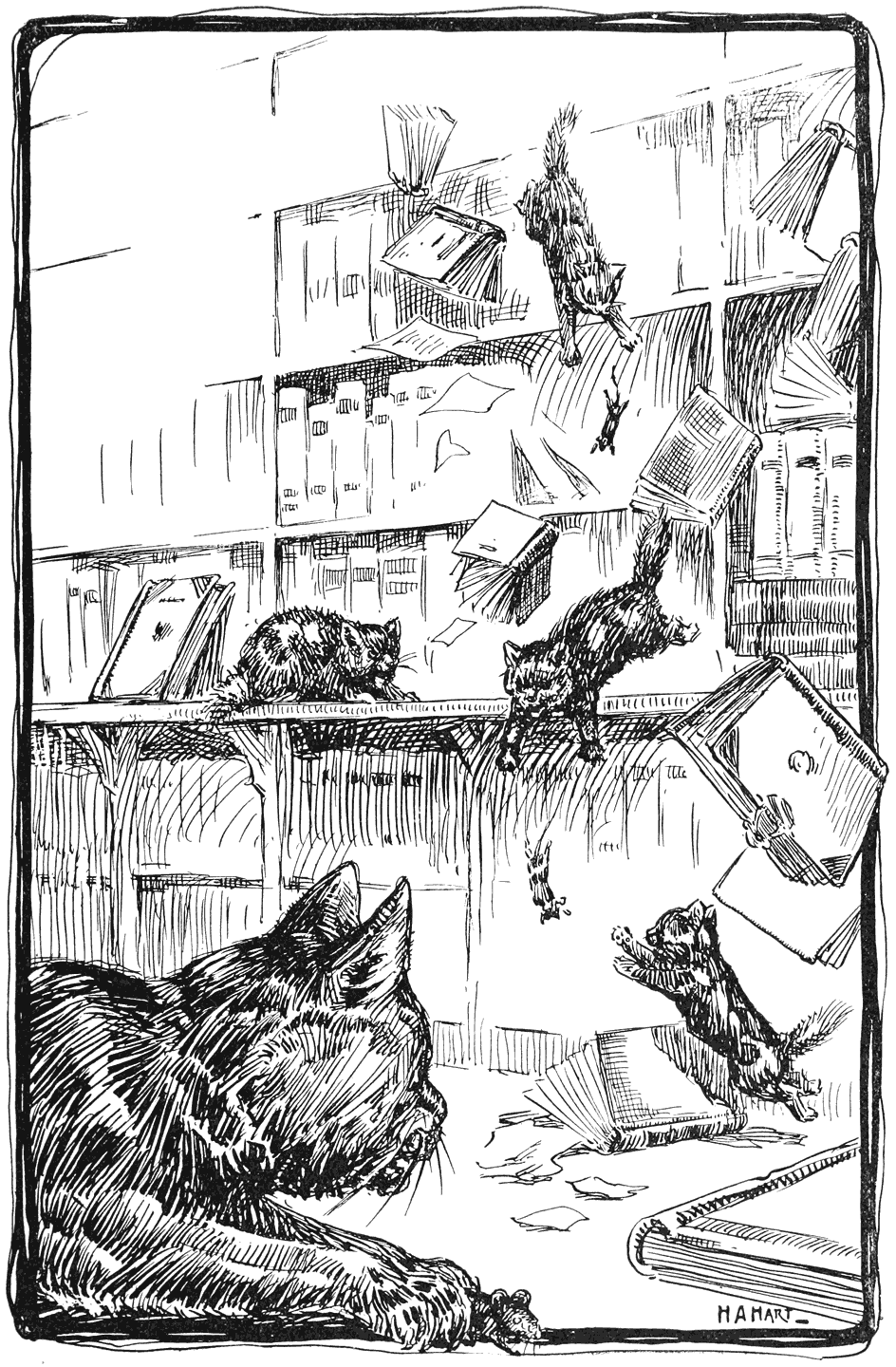 “The kittens followed, and so eagerly that they upset a pile of books.”