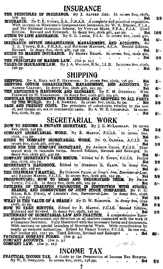Advertisement: PITMAN HANDBOOKS: INSURANCE, SHIPPING, INCOME TAX