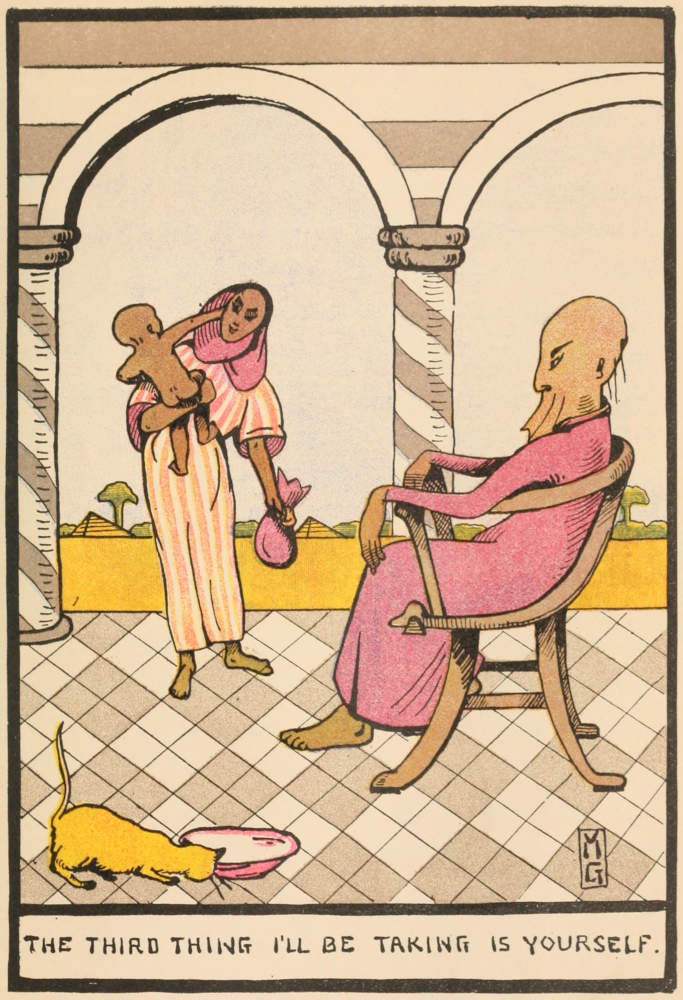 A woman holding a baby and a sack, standing in front of a man seated on a throne.