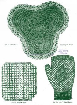 No. 71. SERVIETTE FOR LIQUEUR STAND, No. 72. RIBBON-WORK, No. 73. LADY'S SILK MITTENS.