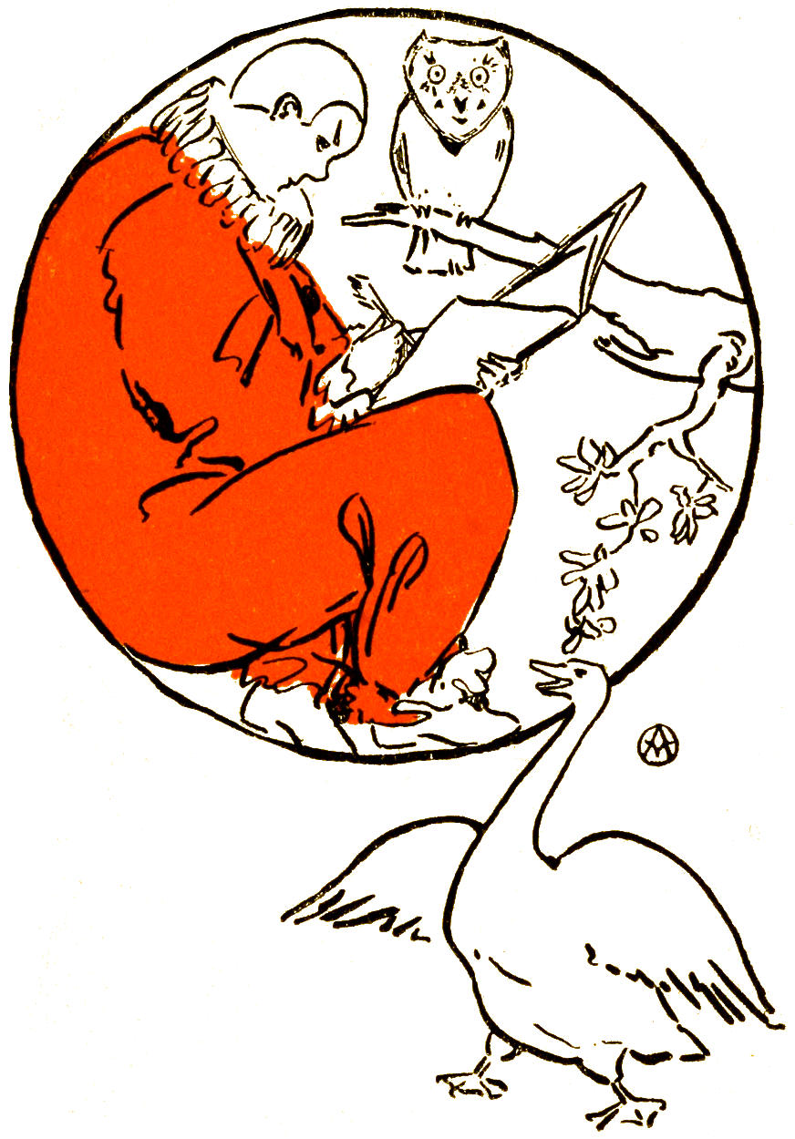 Poet at work with owl and goose