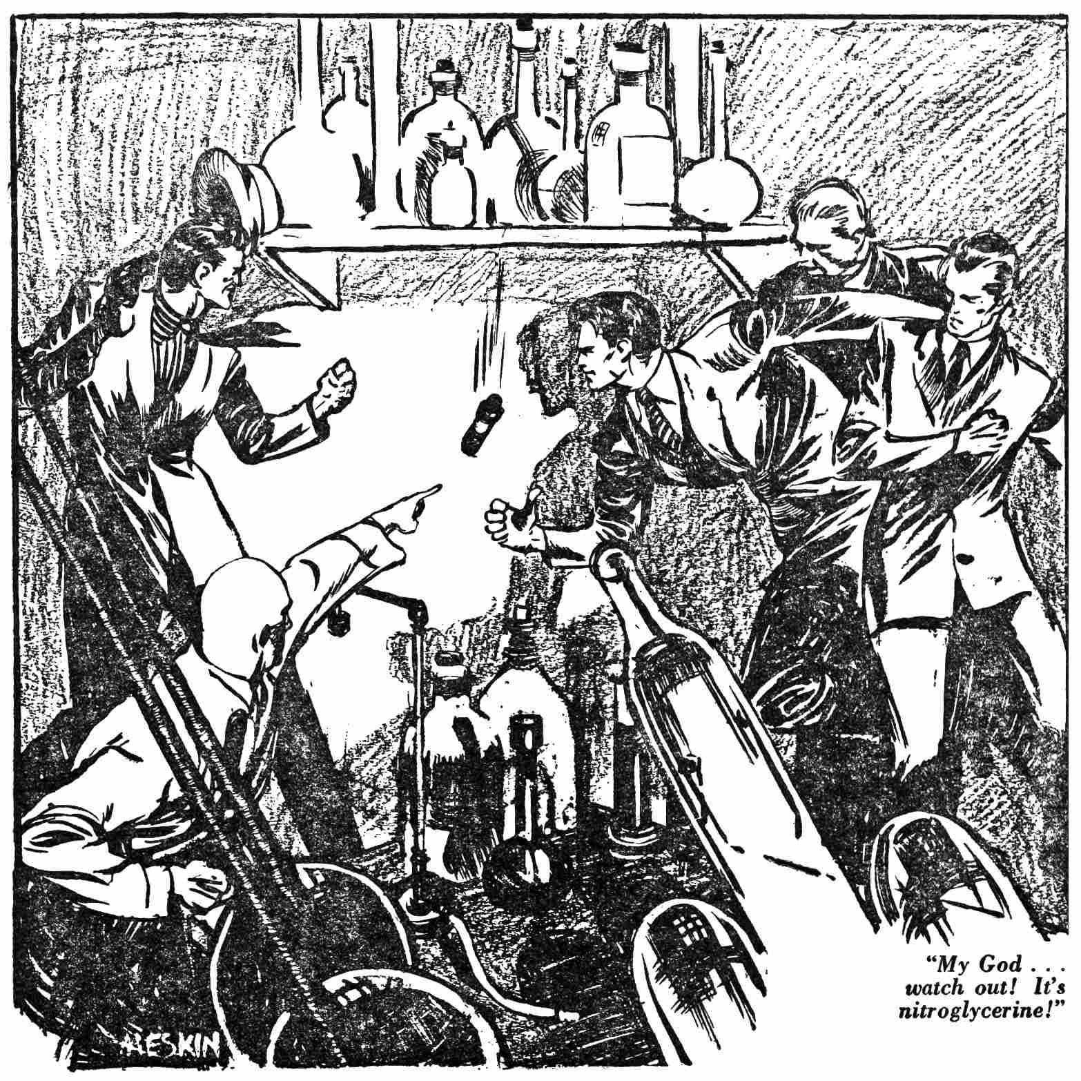 Men fighting in a science laboratory with an explosive vial falling.