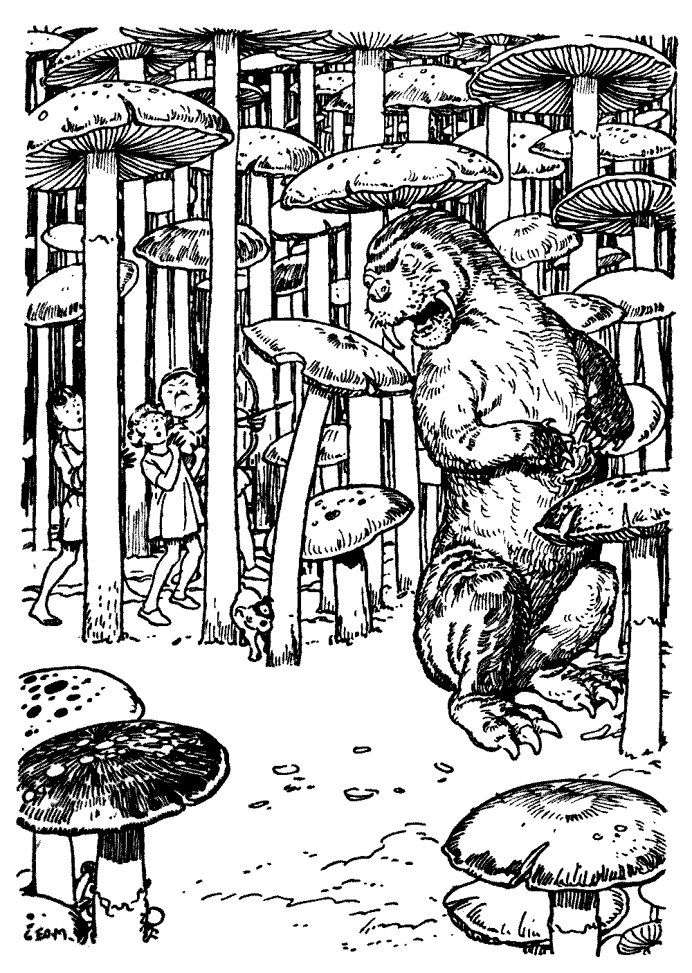 A drawing of two children and a snerg hiding from a walrus-like creature in a mushroom forest.