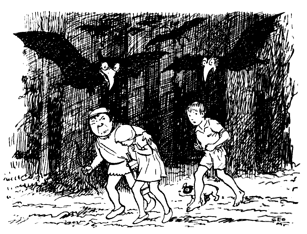 A drawing of two children and a snerg, being harassed by bats.