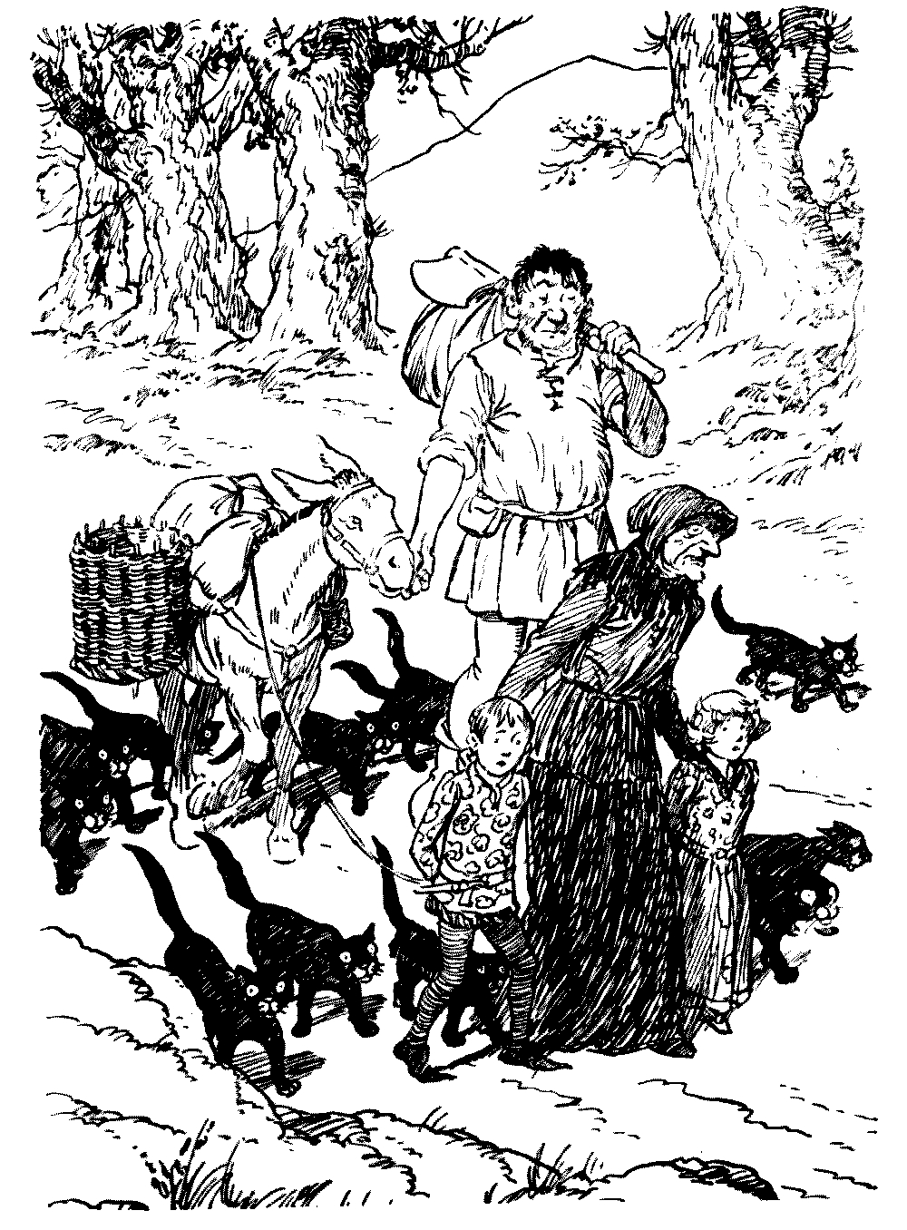 A drawing of a man and an old woman leading two children, tied to a donkey.