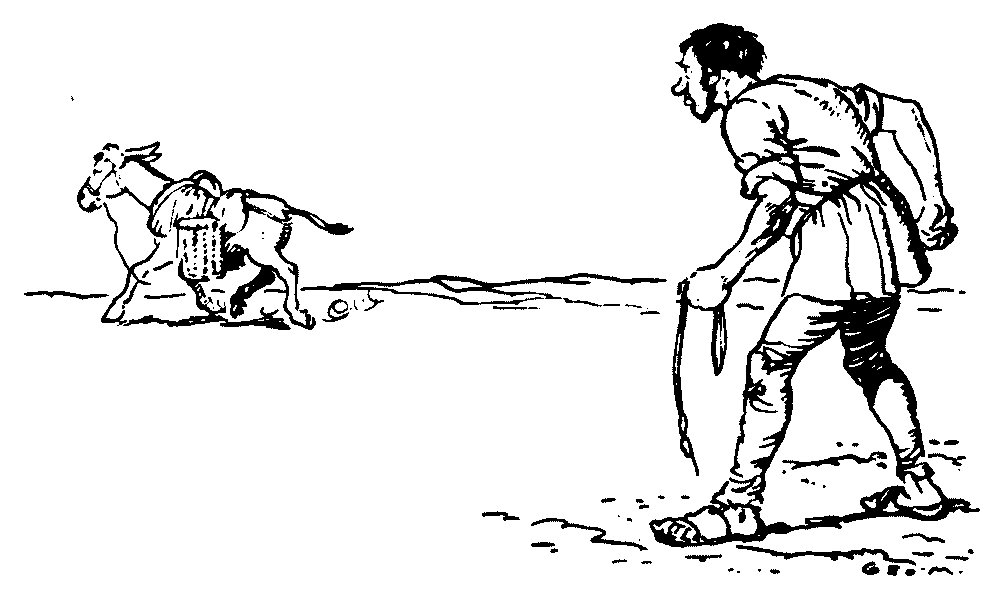 A drawing of a man watching a fleeing donkey.