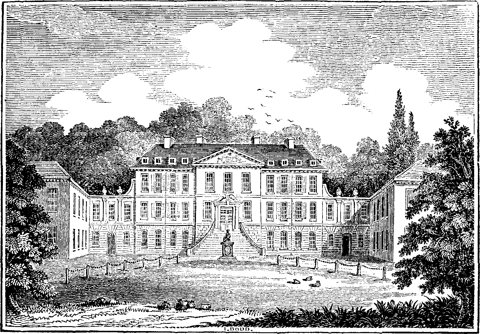Line drawing of Ampthill House by I. Bodd