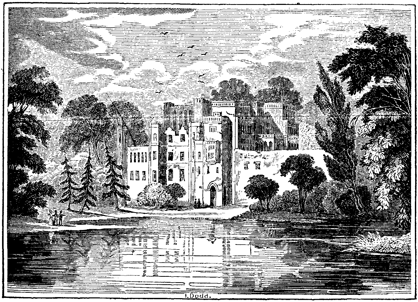 A line drawing of Guy's Cliff, by I. Dodd.