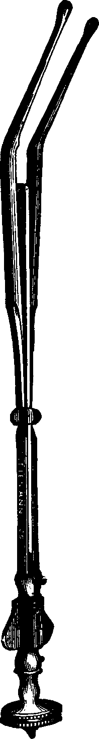 Illustration: Fig. 3. THE UTERINE DILATOR. This instrument is introduced into the canal of the uterine neck with its blades closed. By means of the thumb-screw the blades are then separated as shown in this illustration, the cervical canal being thereby dilated to the required extent.