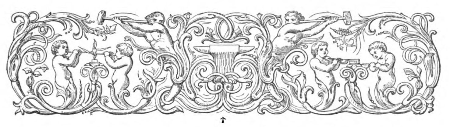 Decorative border with an anvil in the middle and a pair of cheribs working with tools on each side.