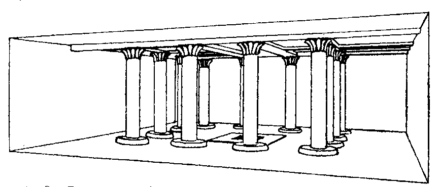 Fig 8.--Restoration of the hall in a Twelfth Dynasty house. In the middle of the floor is a tank surrounded by a covered colonnade. Reproduced from Plate XVI. of Illahûn, Kahun, and Gurob, W.M.F. Petrie. 