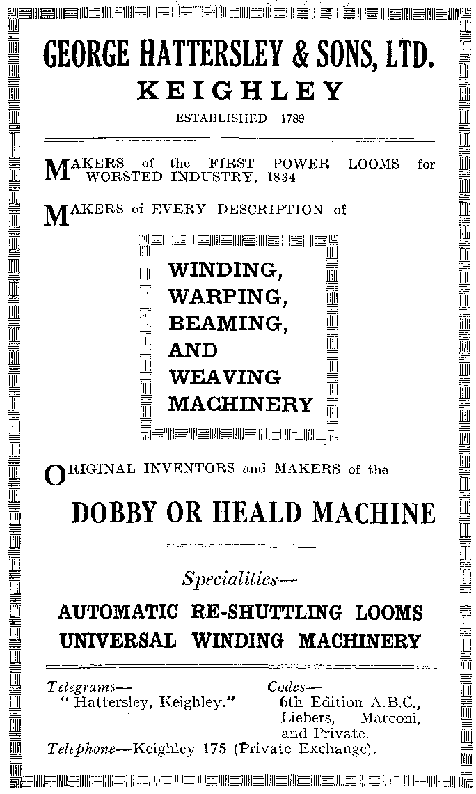 Advertisement: George Hattersley & Sons, LTD.