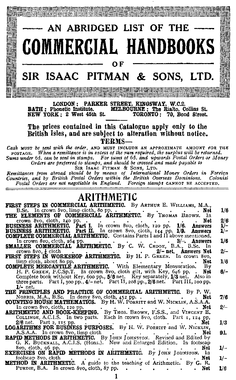 Advertisement: PITMAN HANDBOOKS: ARITHMETIC
