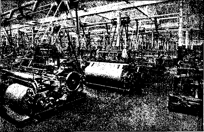 FIG. 35 WEAVING SHED WITH BELT-DRIVEN LOOMS