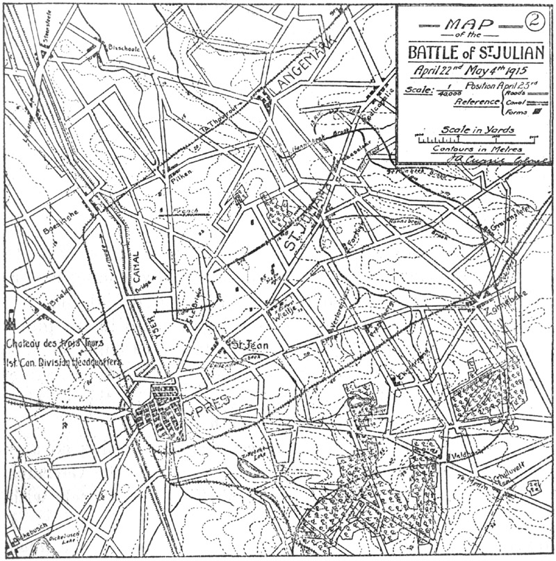 Map of the BATTLE OF ST JULIAN April 22nd May 4th 1915. Position April 23rd