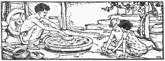 Chapter Header A potter raises a pot on a wheel while a boy and girl work on a pinchpot nearby.