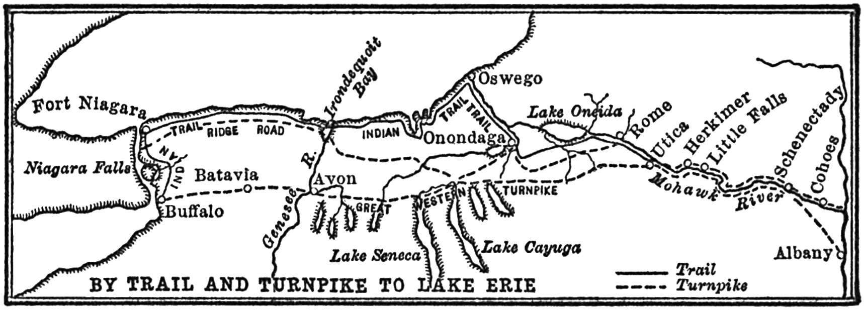 Map: “By trail and turnpike to Lake Erie” depicting the area between Niagara Falls and Albany
