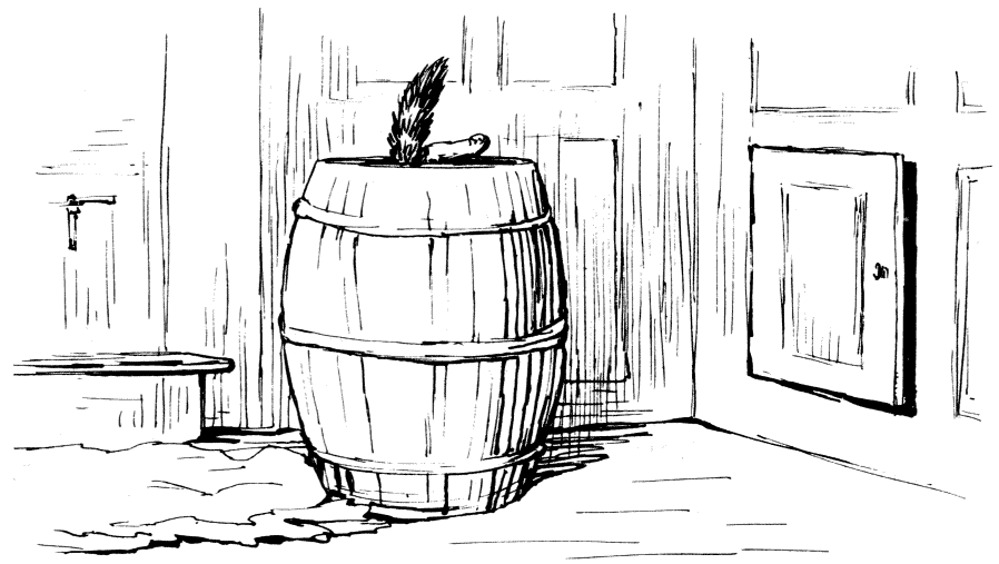 Moppet dives into barrel to hide Moppet dives into barrel to hide