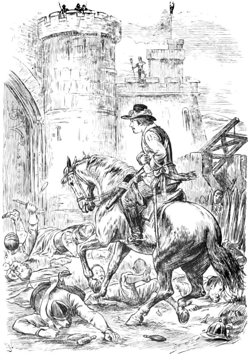 A man on horseback surrounded by fallen soldiers in front of a fortress