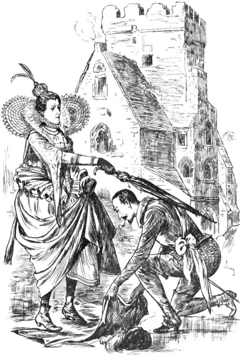 A queen using an umbrella to knight a man
