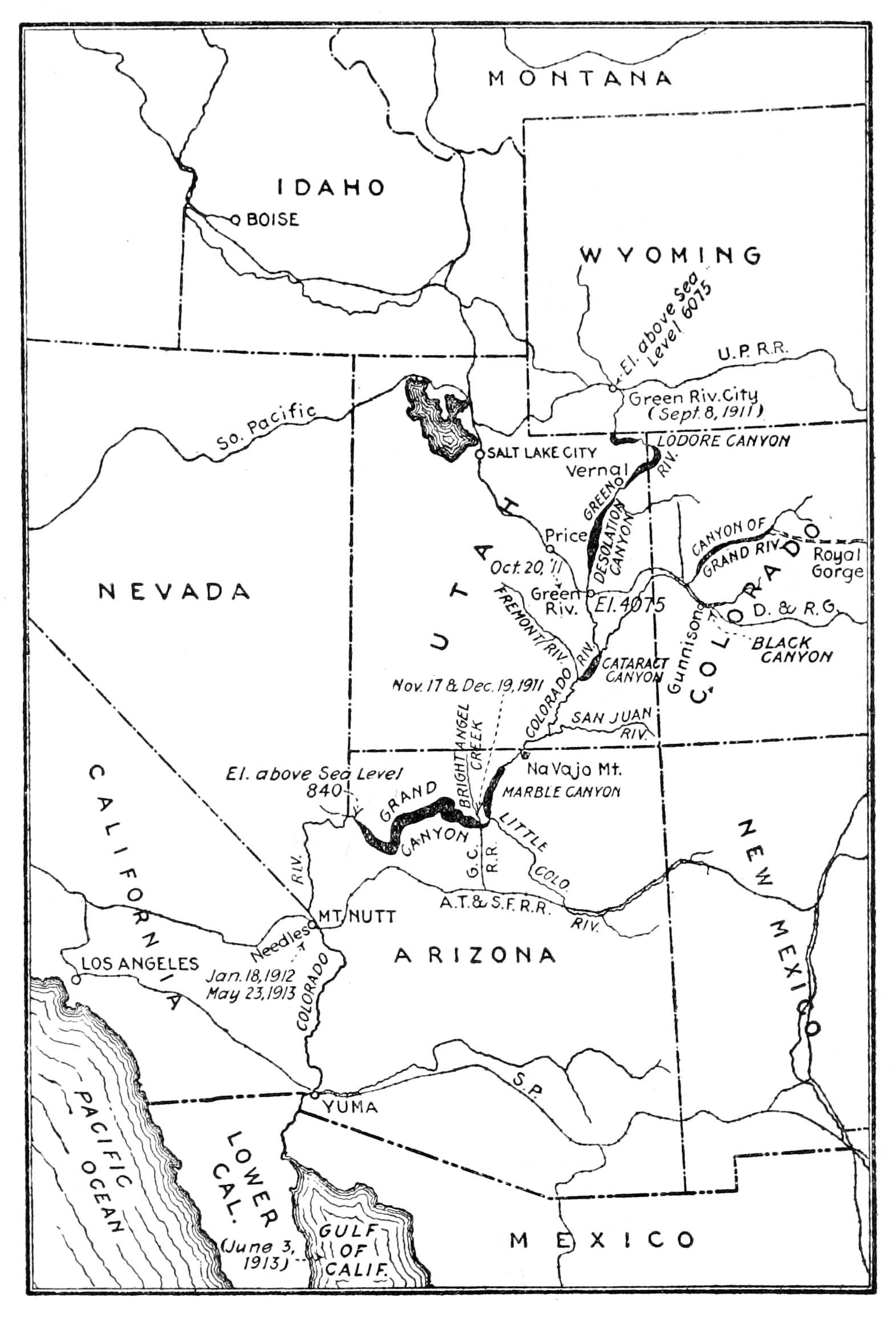 Black and white map showing route of travel from Wyoming, through Utah, Arizona, California, and northern Mexico.