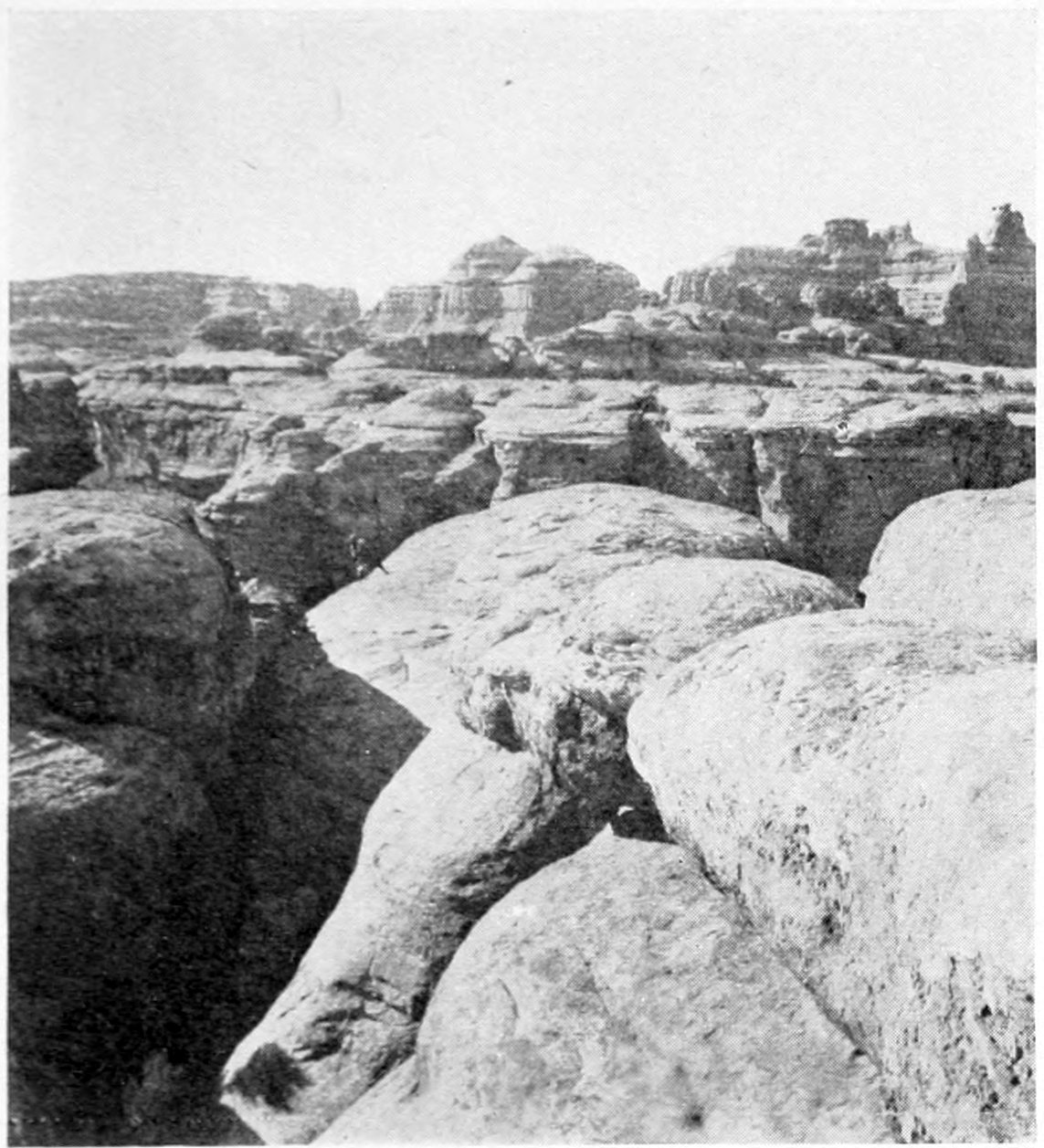 The view is of the tops of the canyon walls. Crevaces are outlined by shadows. A man is standing towards the edge of one of the tops.