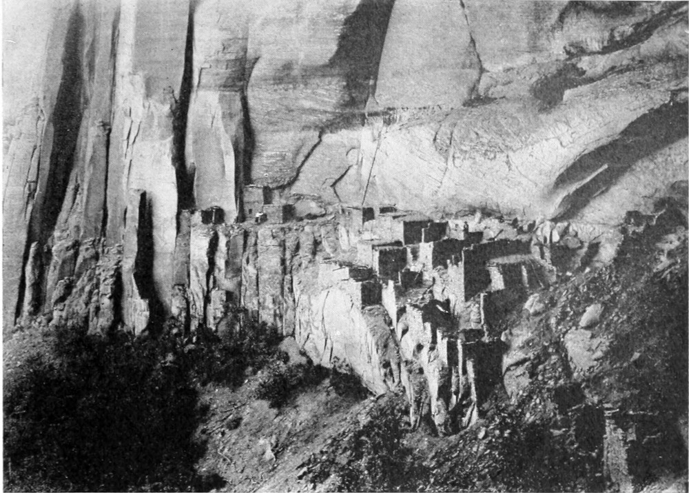 Stone dwellings built into the side of a canyon wall.