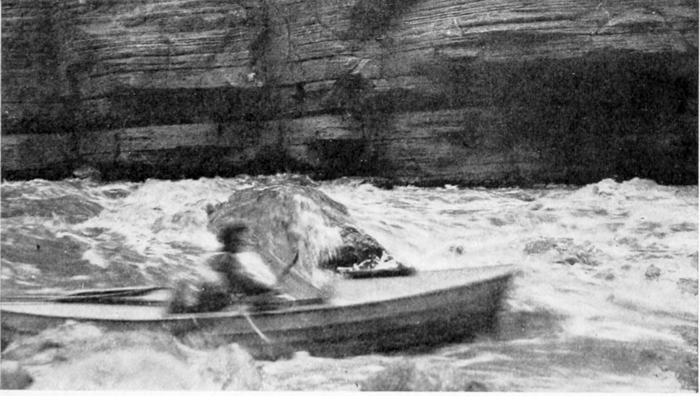 Man in a boat is sprayed by a wave while running the rapids.