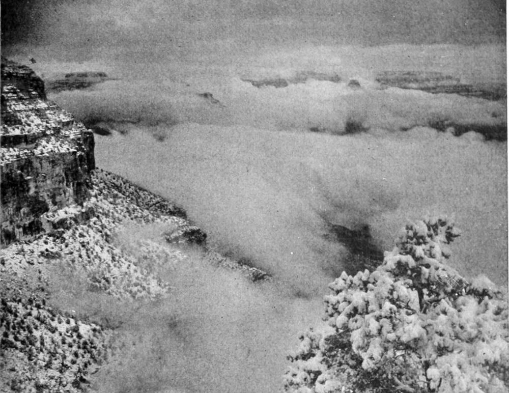 Fog obscures most of the lower part of the canyon.