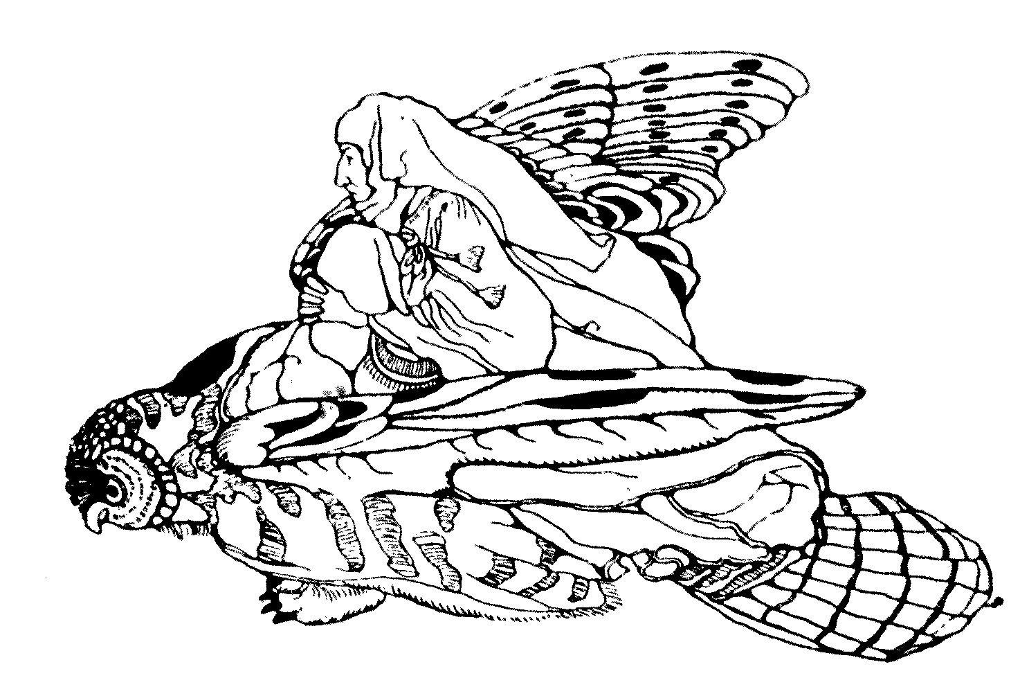 a woman sitting on a flying owl
