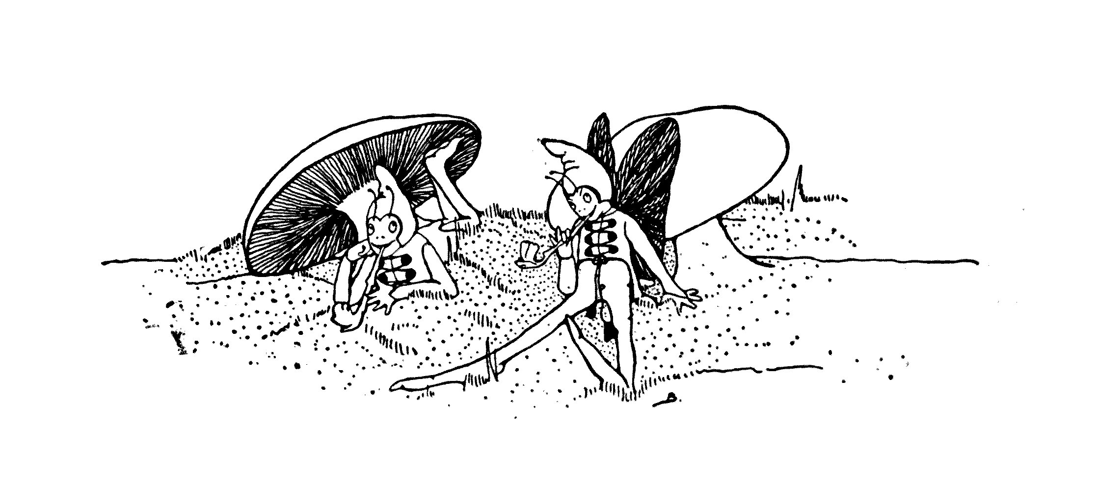 two elves lying besides mushrooms
