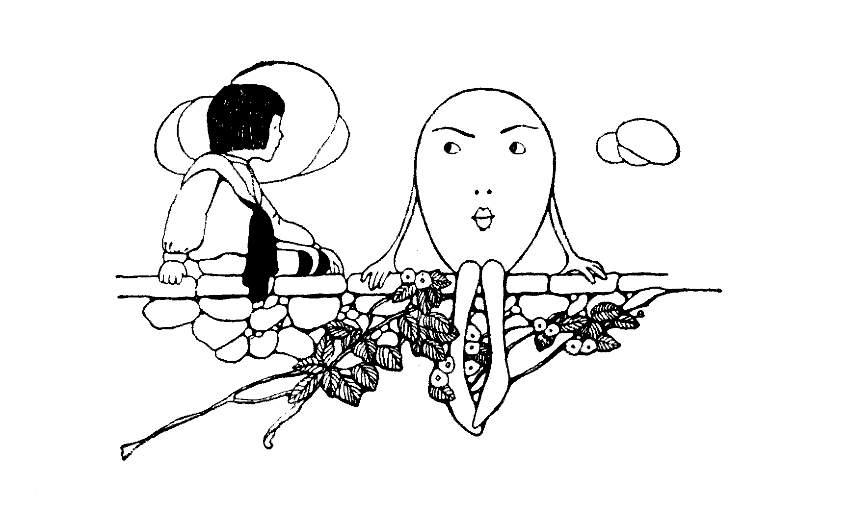child and egg with arms, legs and a face, sitting on a wall