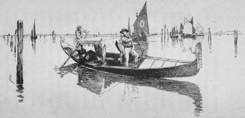 A gondola with sailing boats in the background