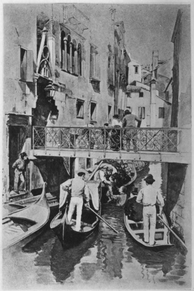 A child is pulled out of a Venetian canal while people on a bridge and in gondalos look on