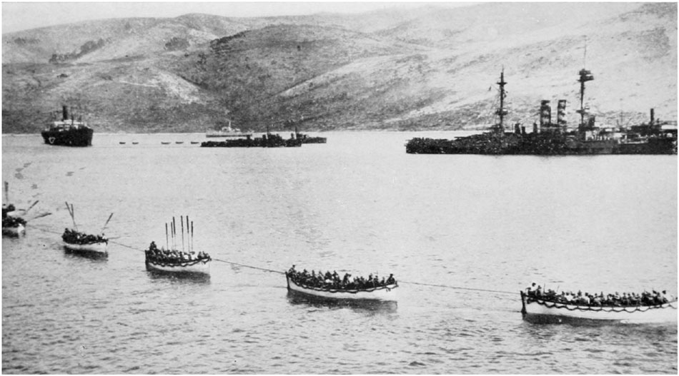 Allies landing reinforcements under heavy fire of Turks in Dardanelles