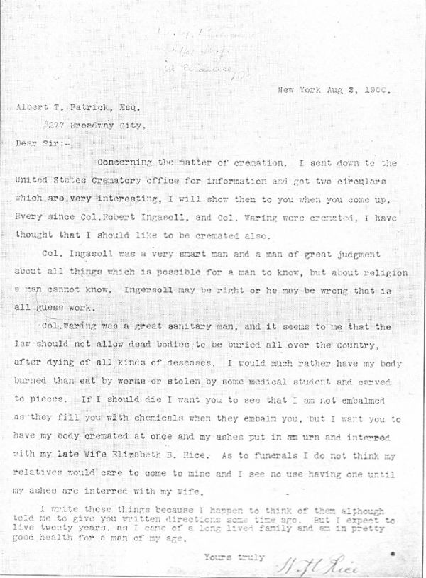 The famous letter forged by Patrick, which requests the cremation of the remains of the supposed writer, old Mr. Rice.