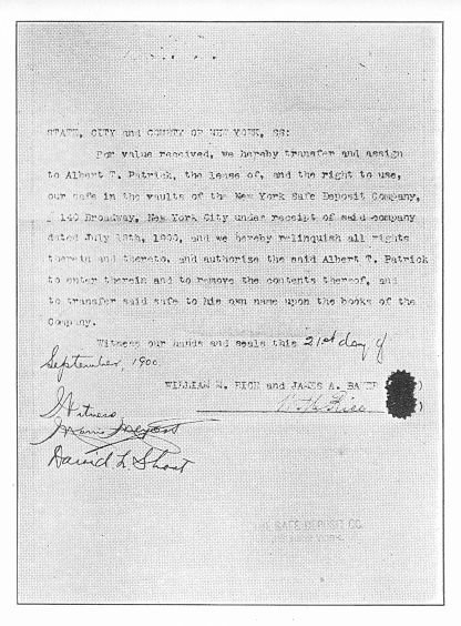 Forged assignment of vault at the New York Safe Deposit Co. from Rice to Patrick.
